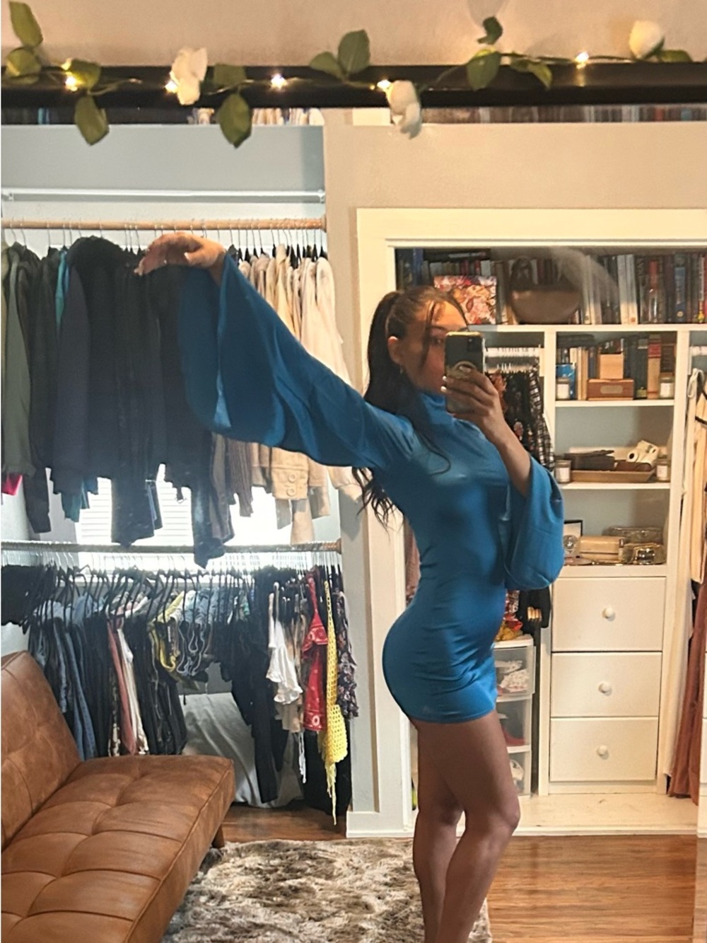 Figure-Flattering Teal Mini Dress with Statement Bell Sleeves